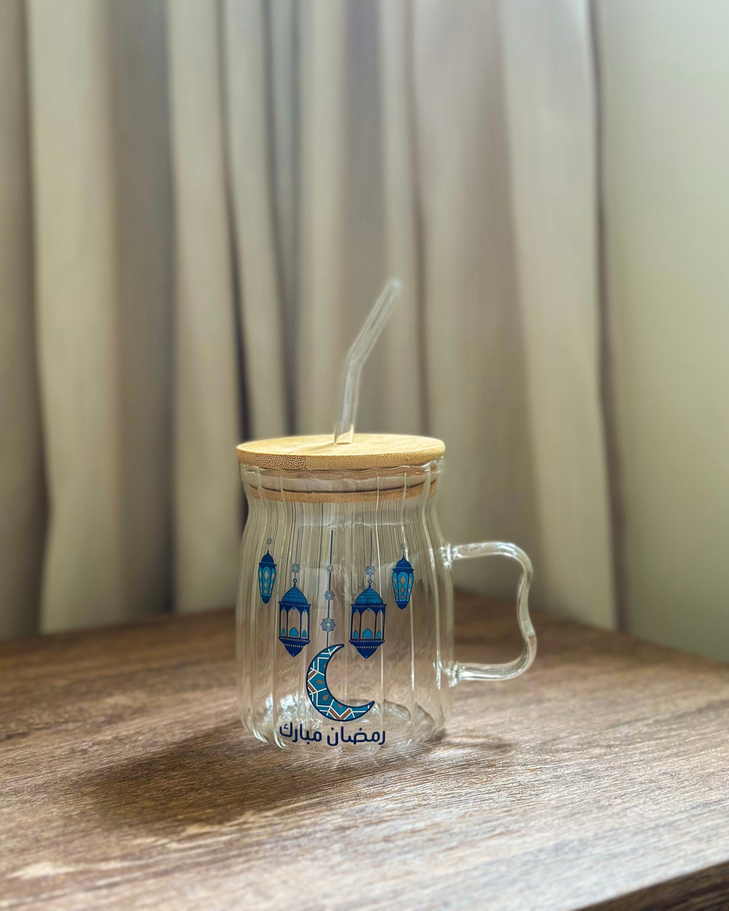 Ramadan Glass Cup With Straw & Handle