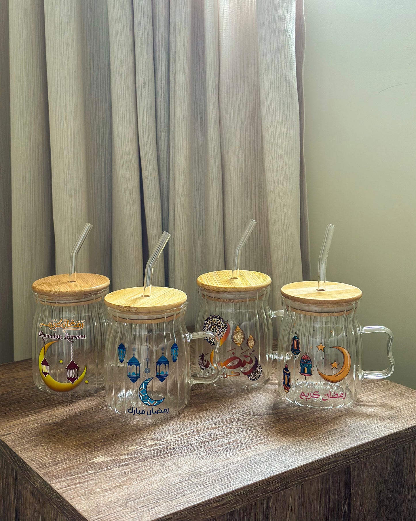 Ramadan Glass Cup With Straw & Handle