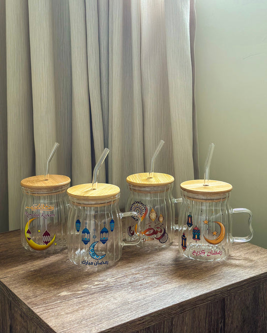 Ramadan Glass Cup With Straw & Handle