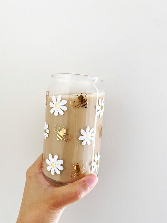 Bee Glass Cup With Straw