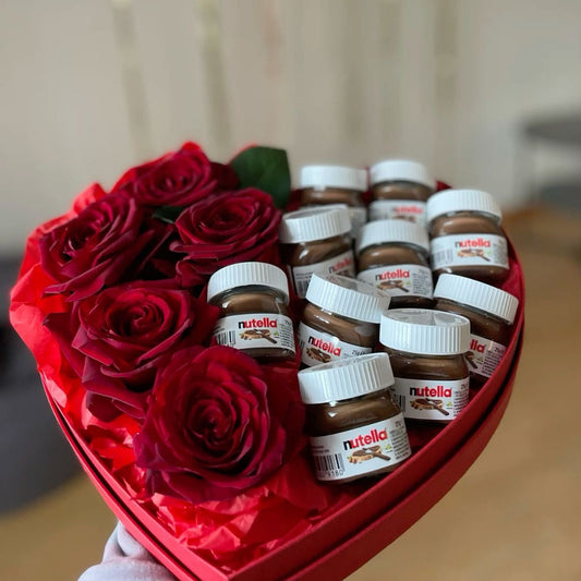 Mini Nutella Jars & Artificial Roses Heart Gift Box
