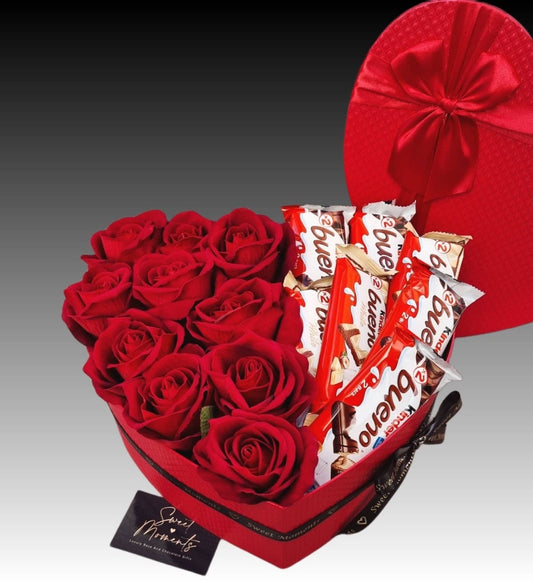 Kinder Bueno Chocolate & Artificial Roses Heart Gift Box