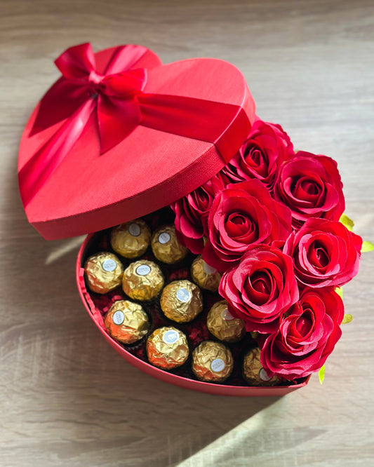 Chocolate & Artificial Roses Heart Gift Box