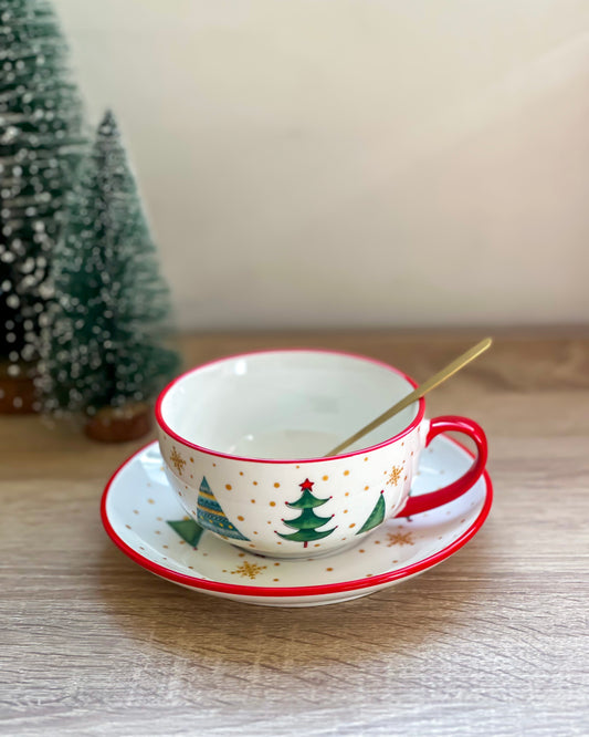 Christmas Tree Cup With Saucer & Gold Spoon