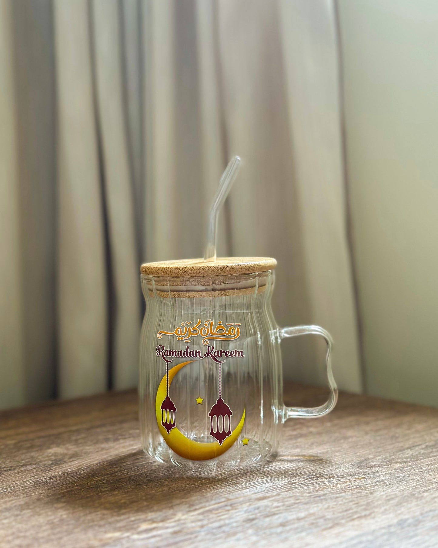 Ramadan Glass Cup With Straw & Handle