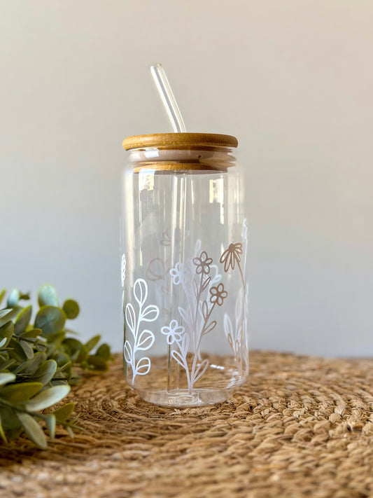 Wildflower Summer Glass Cup With Straw