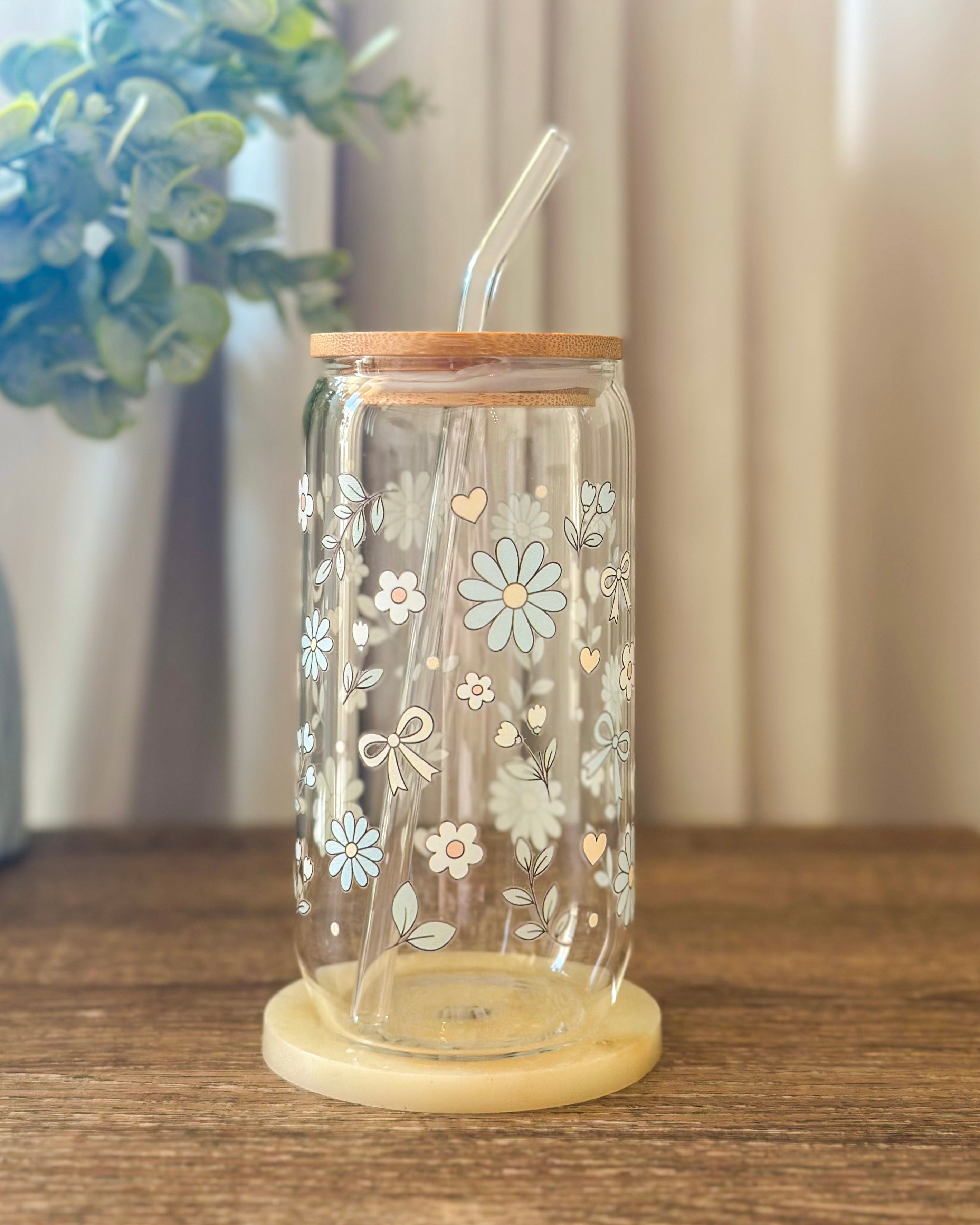 Blue Daisy Glass Cup With Straw