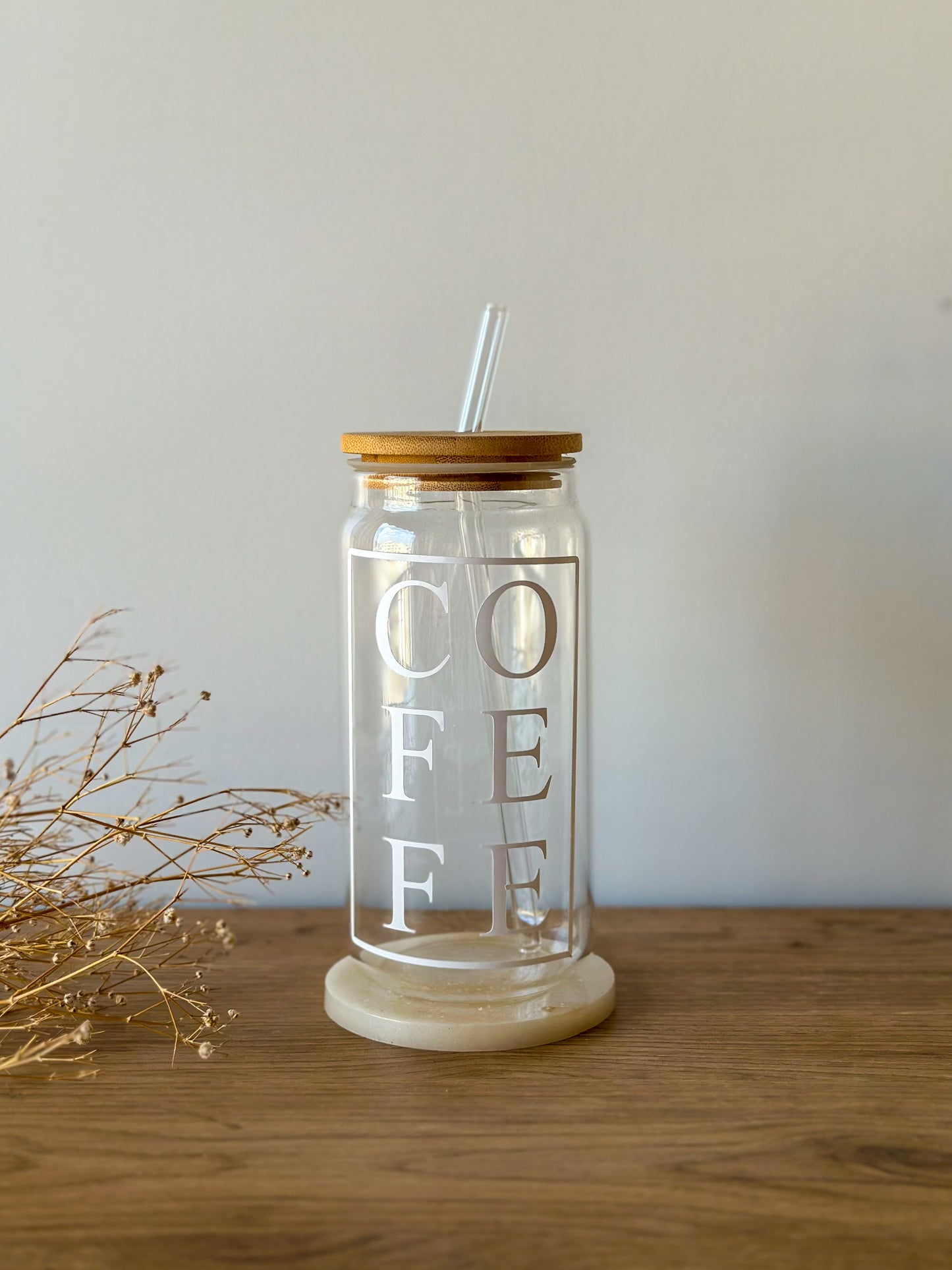 “Coffee" Glass Cup With Straw