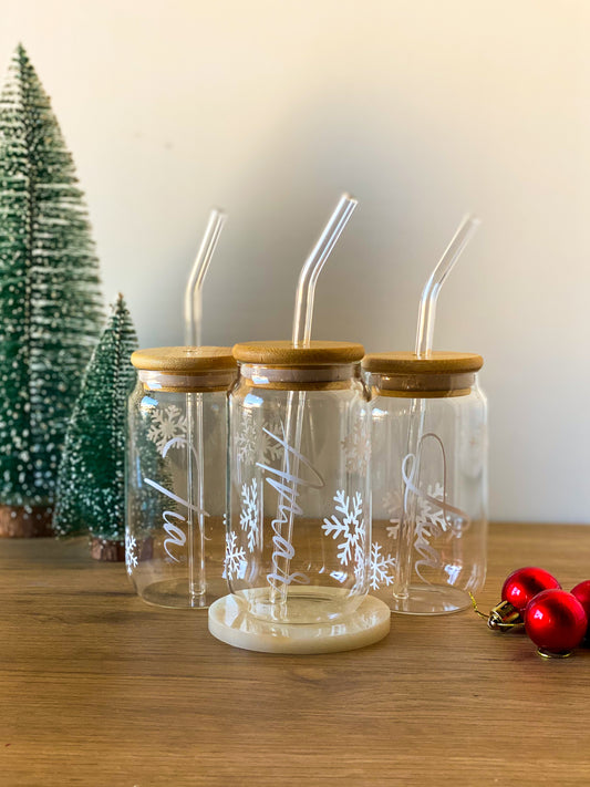 Custom Name & Snowflakes Glass Cup With Straw