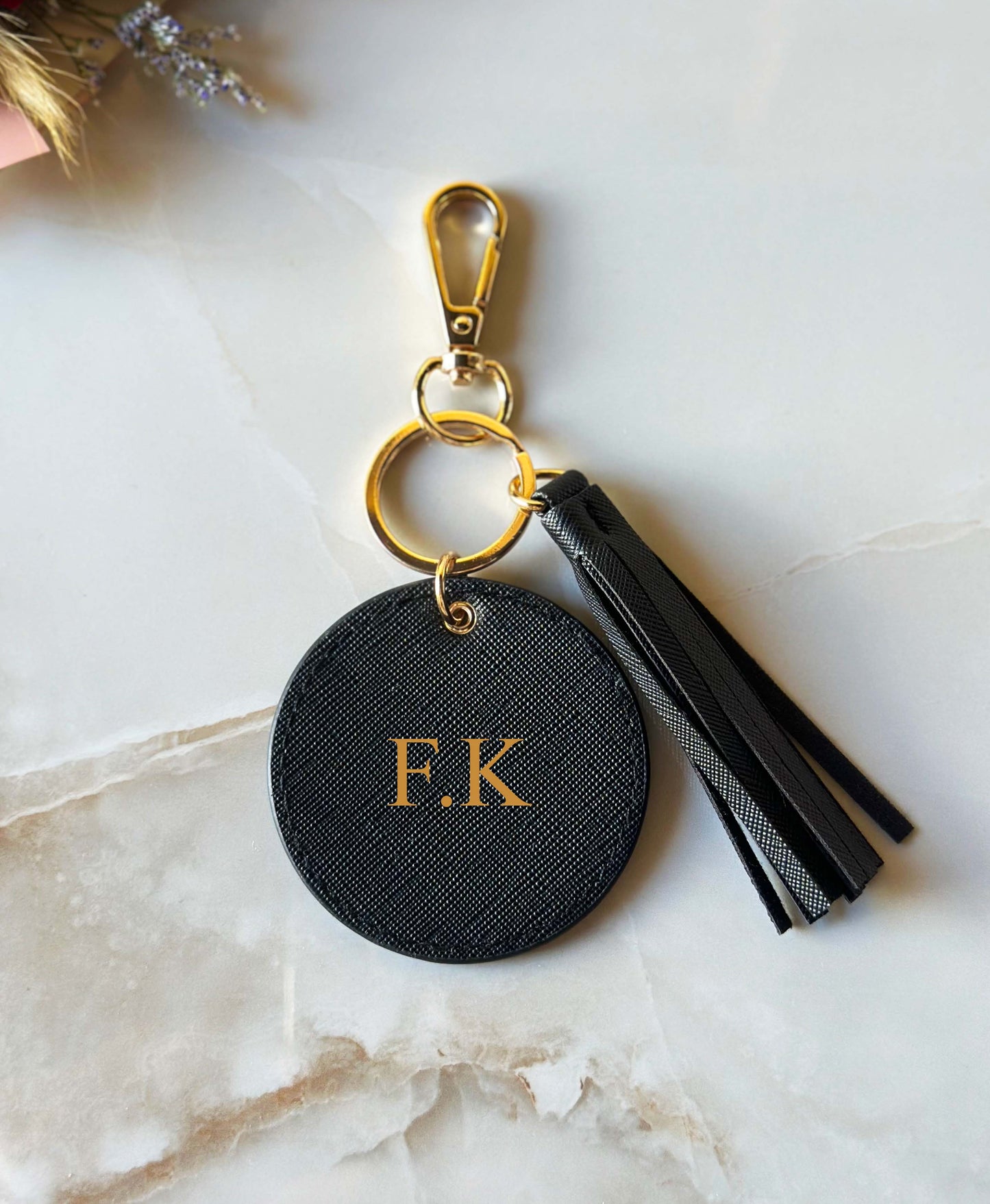 Custom Initials Black Leather Keychain Charm