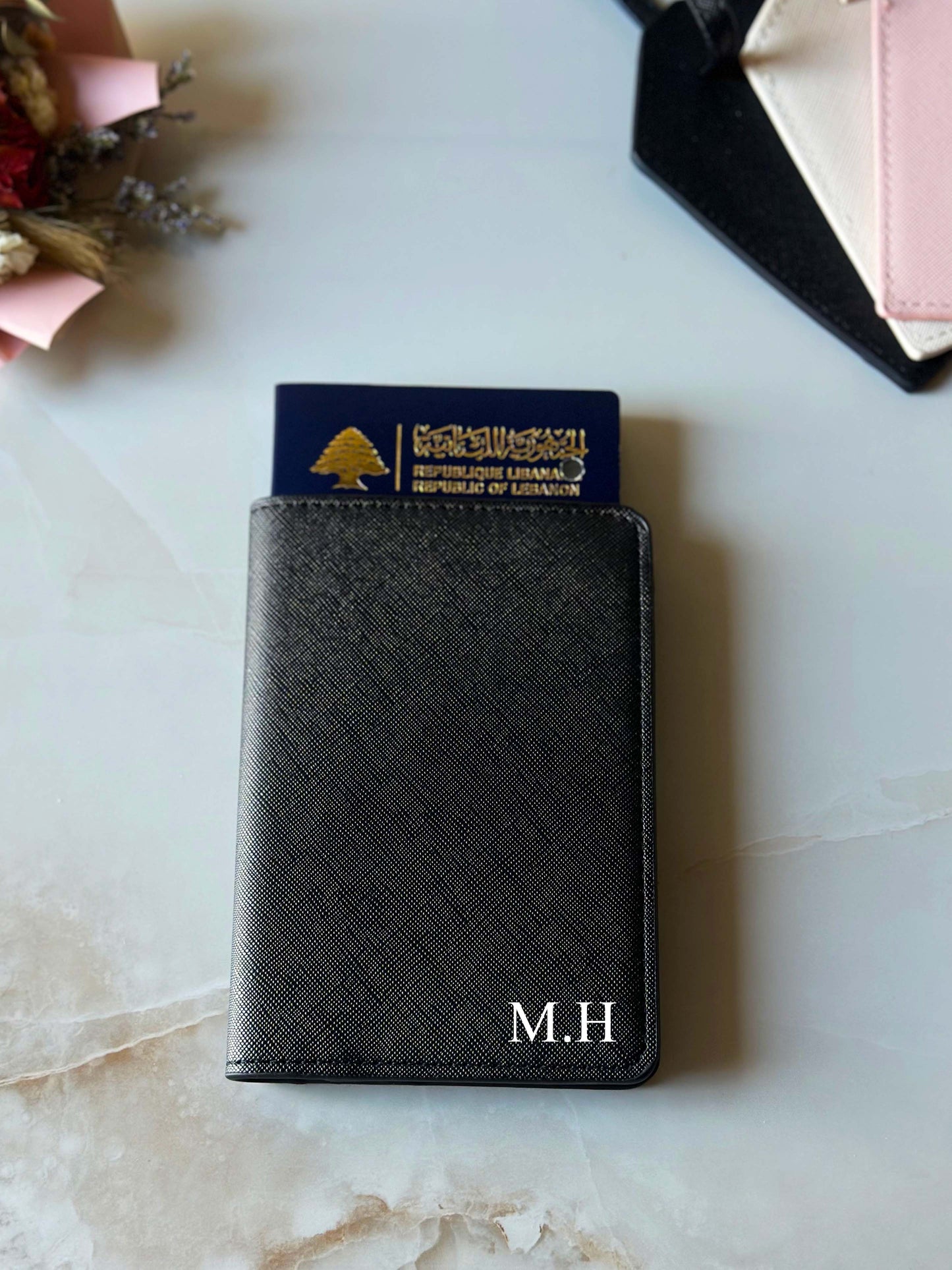 Custom Initials Black Leather Passport Holder