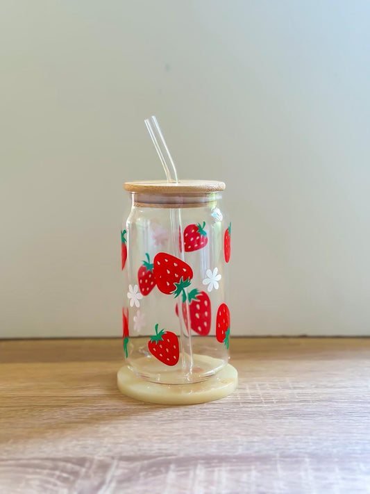 Strawberry Glass Cup With Straw