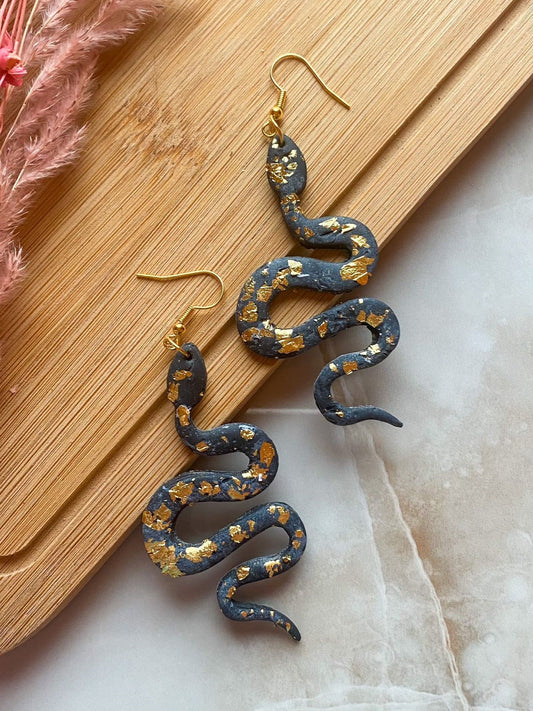 Black & Gold Snake Handmade Polymer Clay Earrings