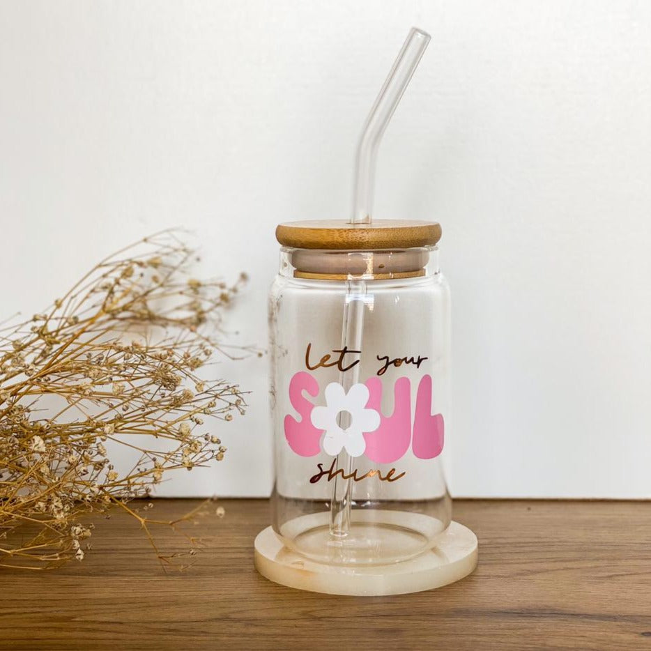 "Let Your Soul Shine" Glass Cup With Straw