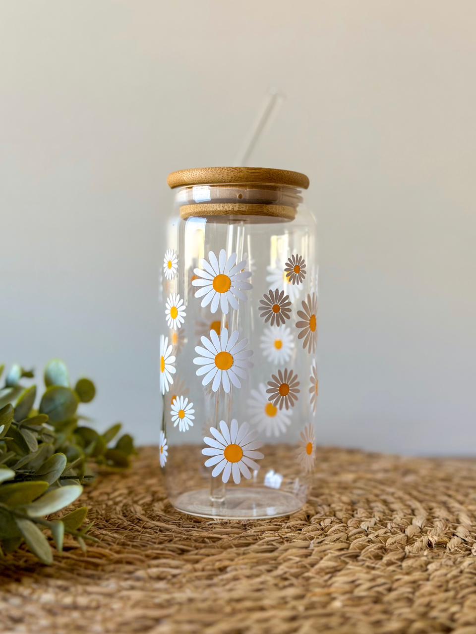 Summer Daisies Glass Cup With Straw