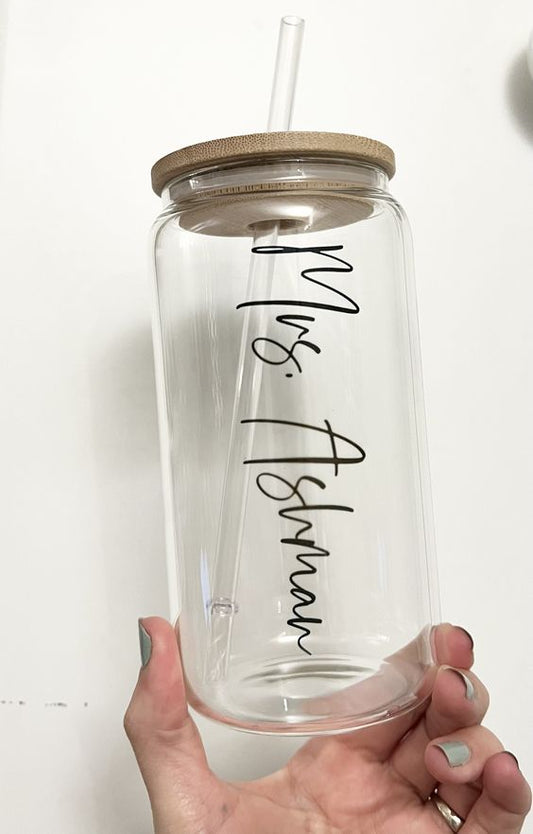 Custom Name "Mrs"  Glass Cup With Straw