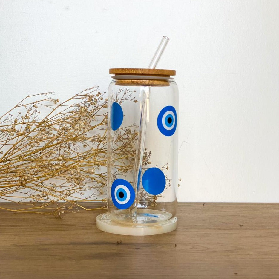 Evil Eye Glass Cup With Straw