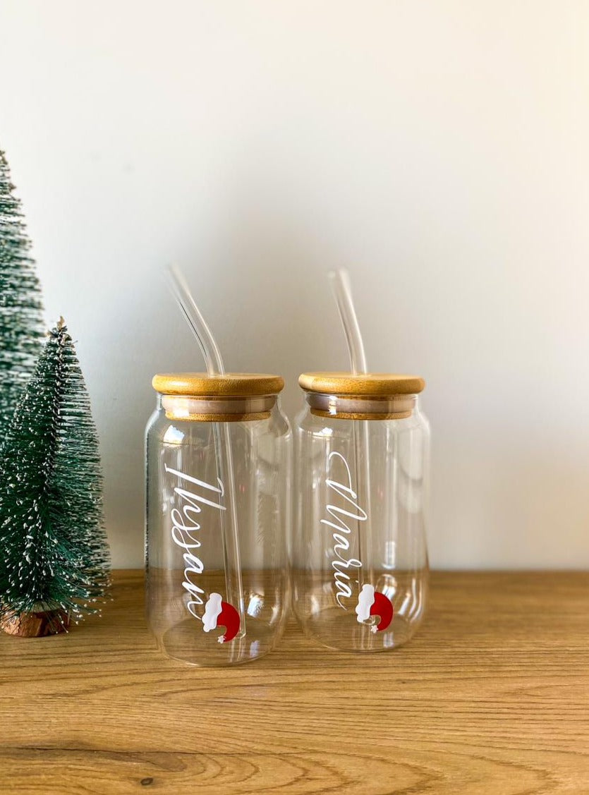 Custom Name & Santa Hat Glass Cup With Straw