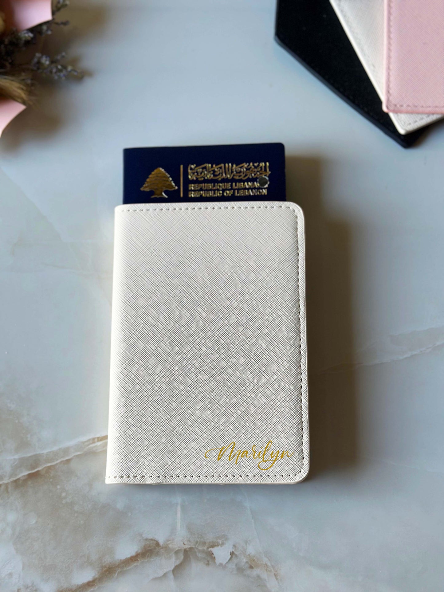 Custom Name Beige Leather Passport Holder