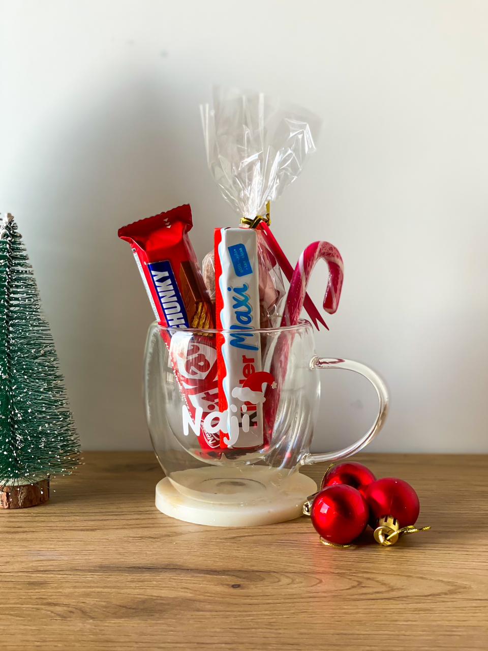 Custom Name & Santa Hat Double Glass Cup With Cocoa Mix & Chocolate