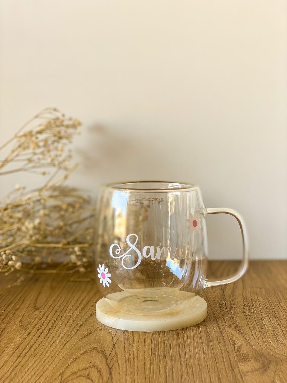 Custom Name & Daisy Double Glass Cup