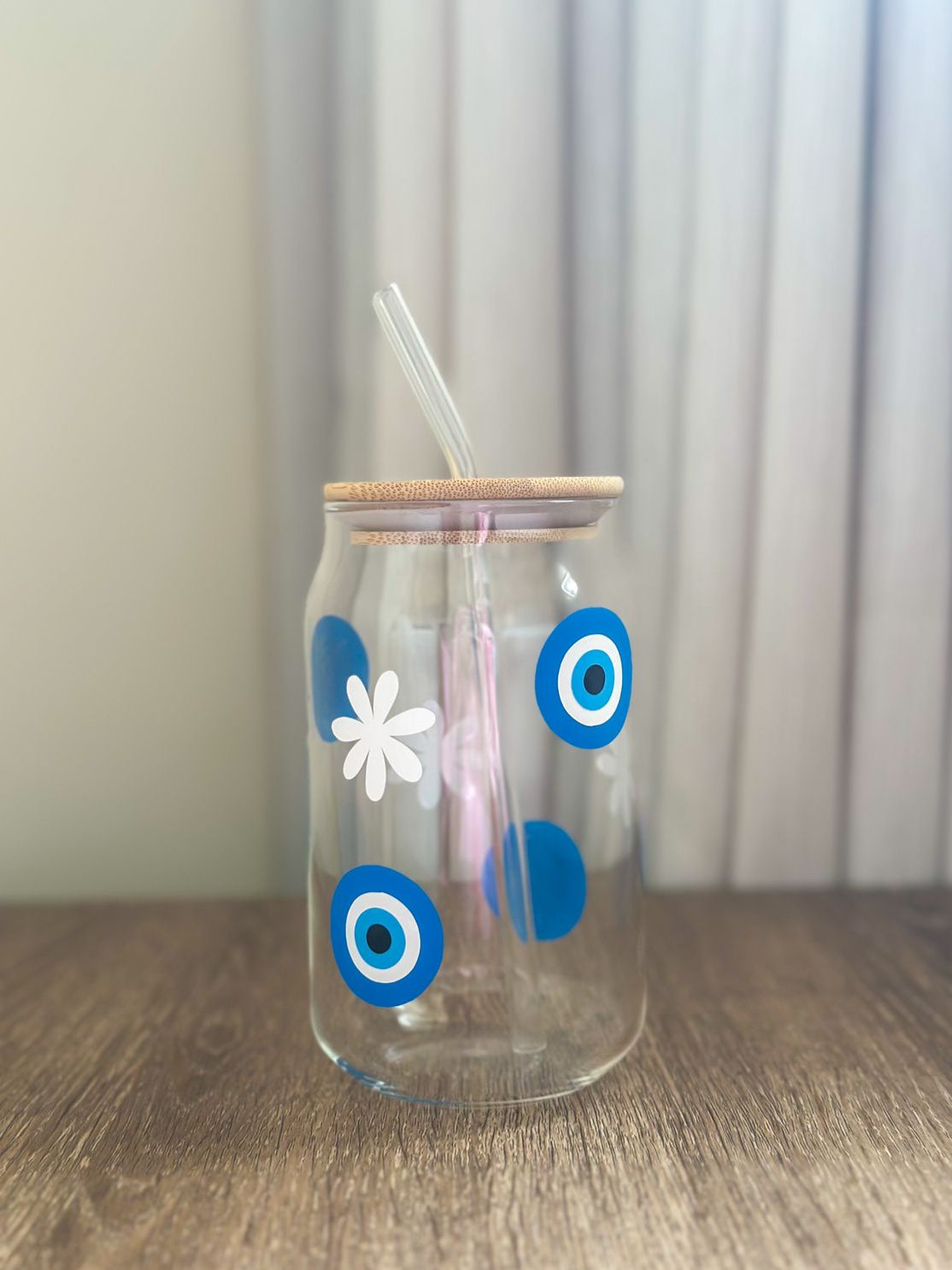 Evil Eye Glass Cup With Straw