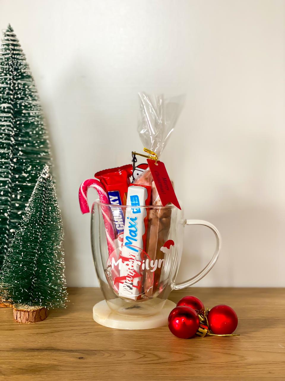 Custom Name & Santa Hat Double Glass Cup With Cocoa Mix & Chocolate