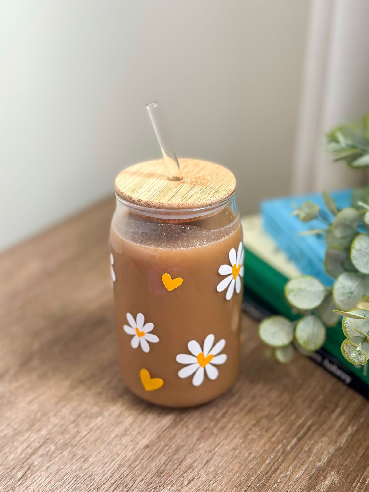 Yellow Floral Glass Cup With Straw