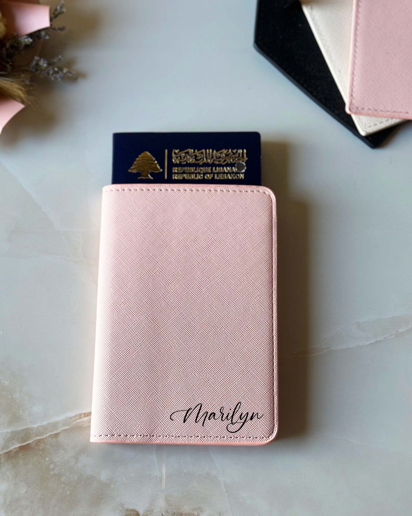 Custom Name Pink Leather Passport Holder