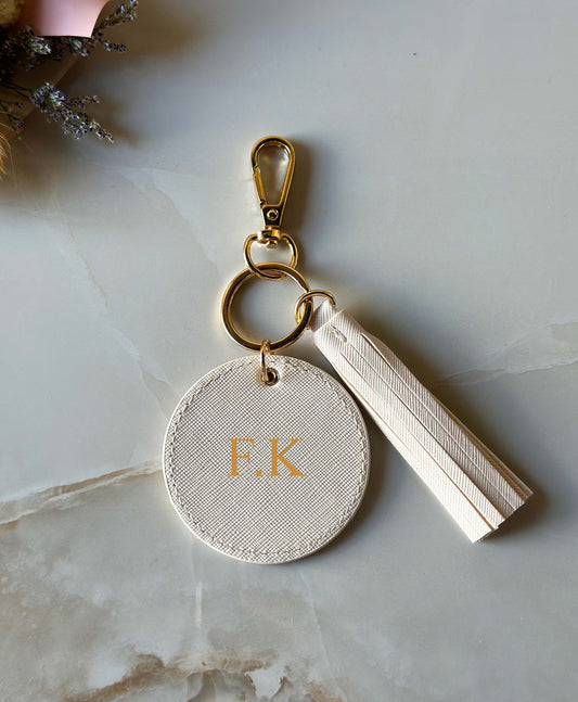 Custom Initials Beige Leather Keychain Charm