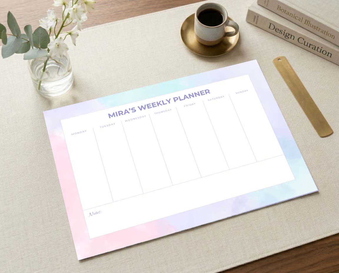 Custom Name Pastel Sky Weekly Desk Planner