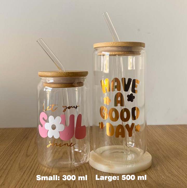 Smile Face Floral Glass Cup With Straw