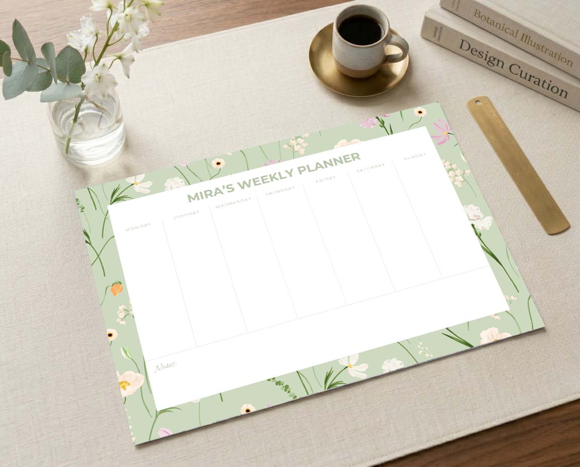 Custom Name Sage Wildflower Weekly Desk Planner