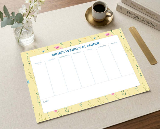 Custom Name Soft Yellow Botanical Weekly Desk Planner